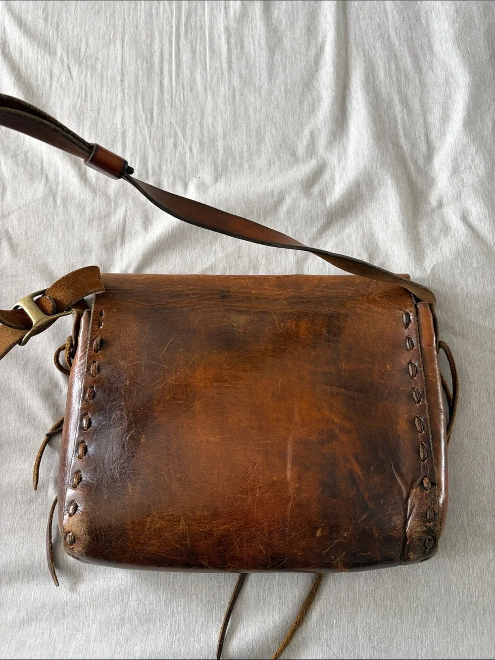 Vintage Tooled Leather Crossbody Bag - Brown with Painted Accents